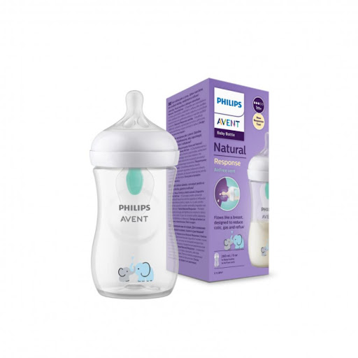 Tetero Natural Response Válvula AirFree Elefante 9oz (1+ meses) Flujo Medio Avent Caja x 1