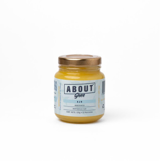Ghee Ajo 120g ABOUT Envase de vidrio x 1 und Ghee de ajo: mantequilla clarificada infusionada con ajo natural. Elaborada con ingredientes reales, libre de lactosa, caseína y agua. De sabor intenso y aroma delicioso, ideal para untar, saltear, co