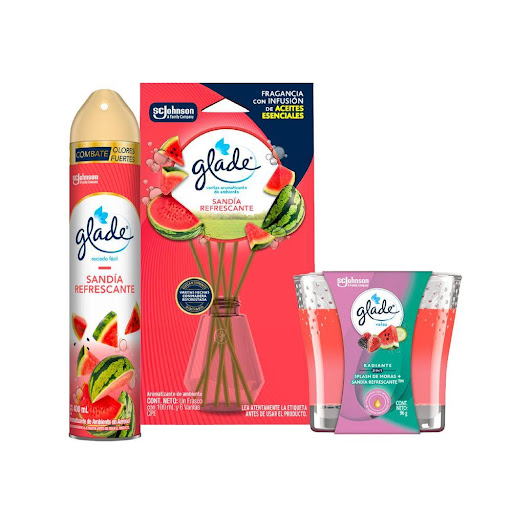 Pack Ambientación Sandía Refrescante Glade x3 Glade Ambientadores x 3 Llénate de energía. Despierta tus sentidos con esta fragancia acogedora de Mora Radiante & Frambuesa Silvestre y transforma tu hogar con las velas de Glade.Cambia tu ánimo y el de cualquier espacio de