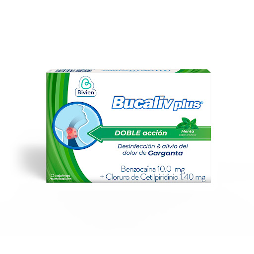Bucaliv Plus Benzocaína 10 mg/Cloruro de Cetilpiridinio 1.40 mg Vivien Sabor Menta Caja x 12 Tabletas