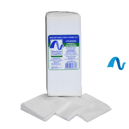 Gasa No Tejida 7.5 cm x 7.5 cm – Paquete x 200 Unidades Medical Supplies  Paquete  x 200 Gasa no tejida no estéril de 7.5 x 7.5 cm, fabricada en mezcla de viscosa y poliéster. Presentación tipo taco por 200 unidades. Suave, altamente absorbente y con bajo desprendimiento de pelusa. Ideal 