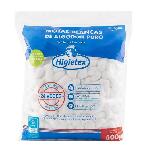ALG HIGIETEX POMOS BOLSA X 500G HIGIETEX  x 1 Algodón Higietex Pomos en presentación de 500 g, diseñado para la limpieza y cuidado de la piel. Es hidrófilo, absorbente y suave, ideal para procedimientos médicos, curaciones y uso cosmético. Su tex