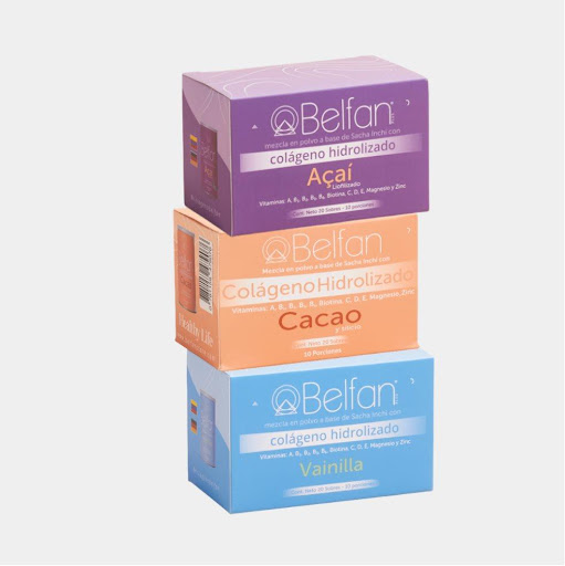 Combo Colágeno Hidrolizado sachets  Belfan Caja x 1 3 cajas de colágeno hidrolizado de sabor: Vainilla, Açaí y Cacao con adición de vitaminas A, B1,B2,B3,B6,C,D,E, Biotina, Magnesio y Zinc que te pueden ayudar a fortalecer el folículo piloso para evita