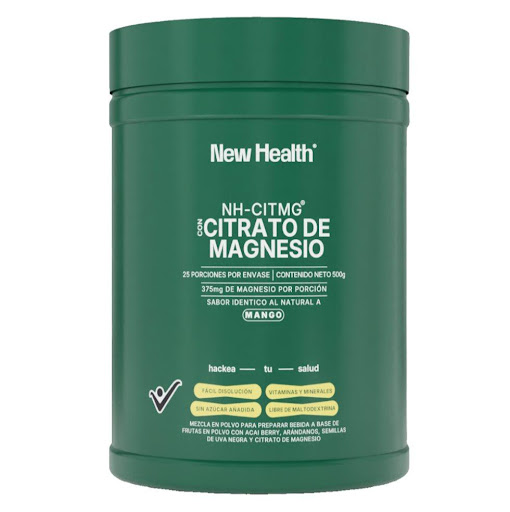 Citrato de Magnesio Mango  Newhealth Tarro x 500gr x 1 und Citrato de Magnesio sabor Mango es una mezcla en polvo para preparar bebidas con Acai Berry, Arándanos y Semillas de Uva Negra que ayudan a combatir el cansancio, ansiedad, dolores músculares, calambr