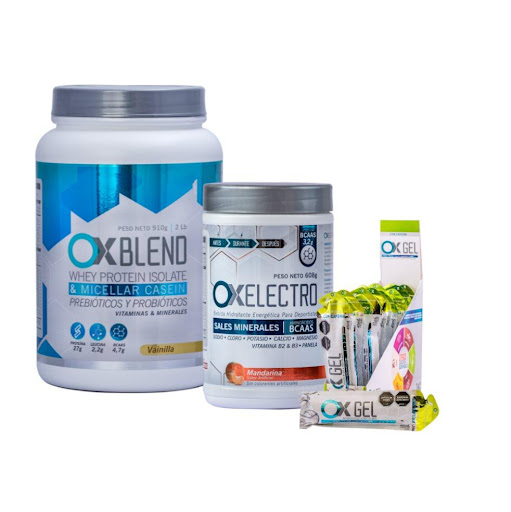 Combo Proteína+ Hidratante + Gel energético Ox Blend Vainilla, Ox Electro Mandarina, Ox Gel Limon Cafeina Ox Sports Nutrition Envase plástico, Sachet x 3 Proteína Ox Blend 

Recuperación rápida y efectiva
27 g de proteína (90 % whey isolate + caseína) + 4,7 g de BCAAs → repara microdesgarros, acelera la regeneración muscular y te prepara para volver a 