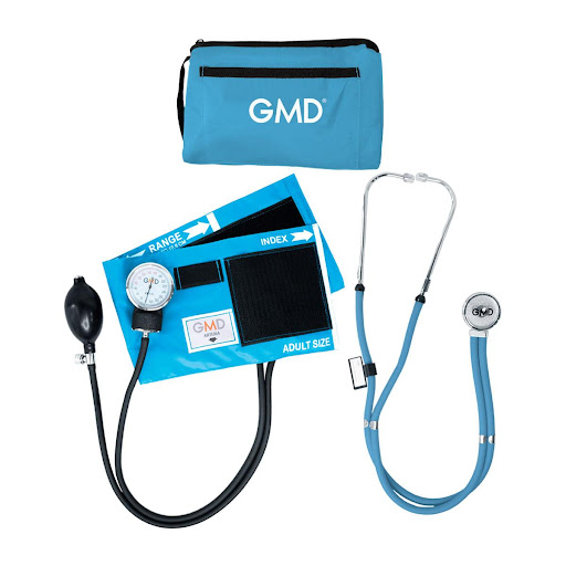 KIT GMD TENSIOMETRO AZUL CIELO RAPPAPORT GMD  x 1 Dispositivo médico que combina un tensiómetro aneroide con brazalete ajustable y un fonendoscopio de doble campana. Ideal para mediciones precisas de presión arterial y auscultación en entornos clínic