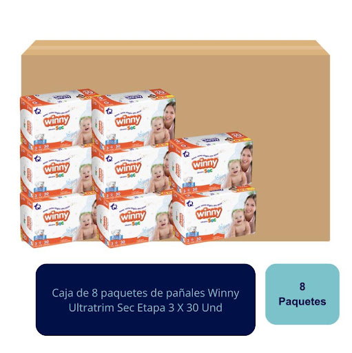 Pañales Ultratrim Sec Etapa 3 X 30 Und Winny  Caja x 8 Absorción garantizada para bebés que empiezan a gatear. Ajuste ergonómico que previene filtraciones durante el movimiento.