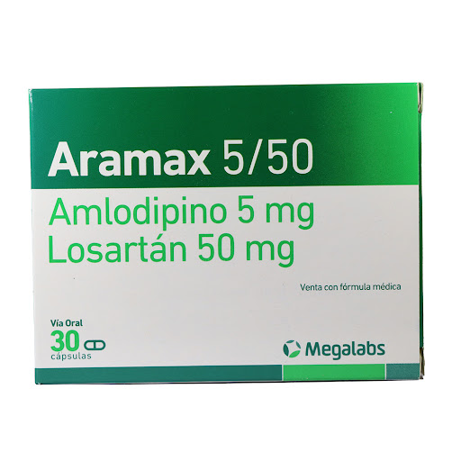 Aramax 550 Amlodipino + Losartán 5mg/50mg Megalabs Caja x 30 Cápsulas
