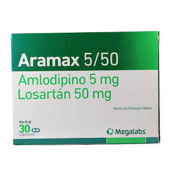 Aramax 550 Amlodipino + Losartán 5mg/50mg Megalabs Caja x 30 Cápsulas  