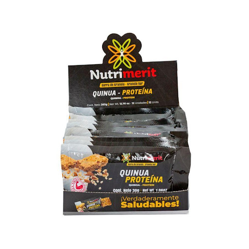Barra de Granola Proteína Quinua Nutrimerit Caja x 8 Caja por 8 unidades de Barras de Granola Proteína Quinua Nutrimerit por 240g. Ingredientes: maní, arroz integral, proteína de suero, almendras, semillas de girasol, quinua, mora, miel de caña, glucosa