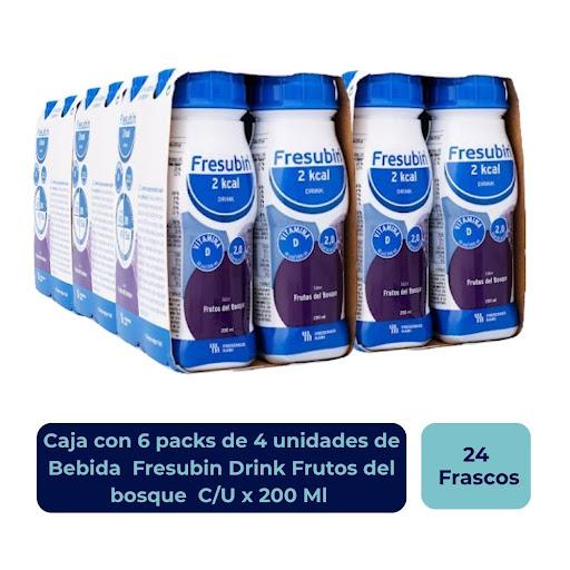 Bebida Fresubin Drink Frutos del bosque Paca x4 Uni cada una frasco x200 Ml Fresenius Kab Fresenius Caja x 6 Alimento líquido para propósito médico especial, polimérico para alimentación vía oral o por sonda. Fórmula hipercalórica e hiperproteica, a base de proteína de alto valor biológico, lípidos, maltodex
