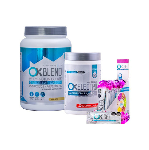 Combo Proteína+ Hidratante + Gel energético Ox Blend Vainilla, Ox Electro Cereza Limón, Ox Gel Arandanos sin Cafeina Ox Sports Nutrition Envase plástico, Sachet x 3 Proteína Ox Blend 

Recuperación rápida y efectiva
27 g de proteína (90 % whey isolate + caseína) + 4,7 g de BCAAs → repara microdesgarros, acelera la regeneración muscular y te prepara para volver a 