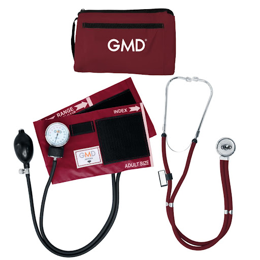 KIT GMD TENSIOMETRO VINOTINTO RAPPAPORT GMD 1 x 1 Dispositivo medico que combina un tensiometro aneroide con brazalete ajustable y un fonendoscopio de doble campana Ideal para mediciones precisas de presion arterial y auscultacion en entornos clinico
