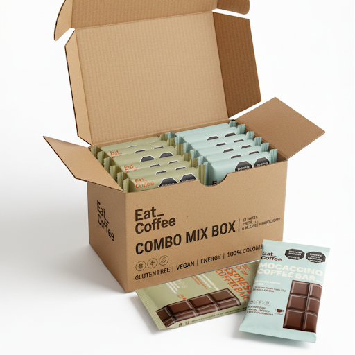Box Mix de barras Espresso y Mocaccino Eat Coffee Caja con barras individuales x 12 Una combinación perfecta entre energía funcional e indulgencia saludable. Llévala en caja x 6 unidades de Espresso Coffee Bar y 6 unidades de Mocaccino Coffee Bar