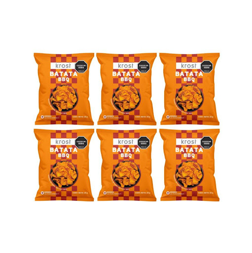 Pasabocas KROST Batata BBQ Paquete X 28 Gr KROST 28 gramos x 6 unds Chips crujientes de BATATA BBQ. Naturalmente libre de gluten, alto en fibra y apto para vegetarianos. Acompaña tus sandwiches, ensaladas, sopas y lo que te imagines. Una vez abierto, consumir en el me