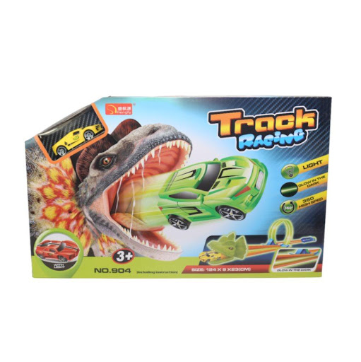 Pista Manual Dinosaurio Glow Caja Plasticos Asociados  x 1 Es un juguete educativo y fascinante, fabricado en plástico resistente y seguro. Este set incluye una pista manual con diseño de dinosaurio que brilla en la oscuridad, ideal para recrear escenarios de