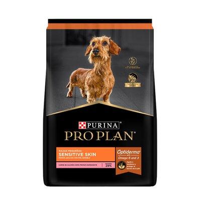 PRO PLAN C SENSITIVE SKIN RAZA PEQUEÑA 3 KG PRO PLAN  x 1 Purina Pro Plan Adult Sensitive Skin es una dieta de alta tolerancia que no contiene alérgenos comunes. Formulado con proteínas limitadas y seleccionadas como el salmón, para minimizar el riesgo de ir