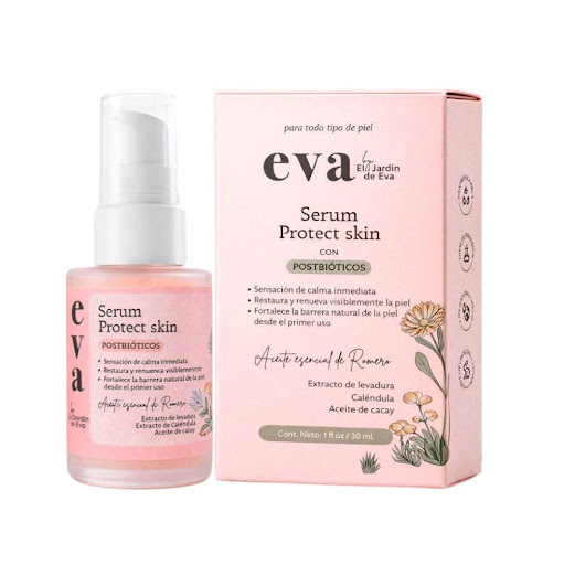 Sérum barrera protectora x 30 ml El Jardín de Eva frasco x 1 El Serum Protect Skin combina postbióticos, caléndula y aceite de cacay para ayudar a fortalecer la barrera cutánea y devolver estabilidad a pieles sensibles o reactivas. Diseñado como un “respiro par