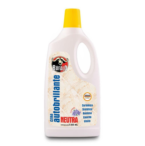 Cera Frasco Búfalo Autobrillante Neutra X 1000 Ml BÚFALO Frasco x 1 Und Proporciona brillo instantáneo y protección a pisos de mármol, granito, cerámica, caucho, vinilo, baldosas, mármol y ladrillo en una sola acción. Seca rápidamente y forma una película resistente a las