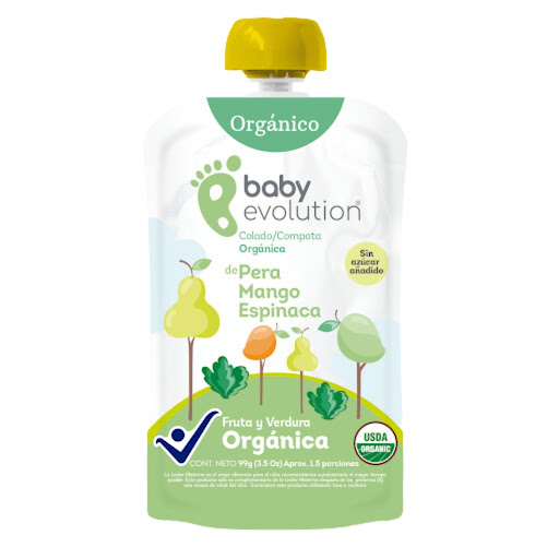 Compota Baby Evolution Orgánica Pera Mango Espinaca Sin azúcar añadida x 99 gr