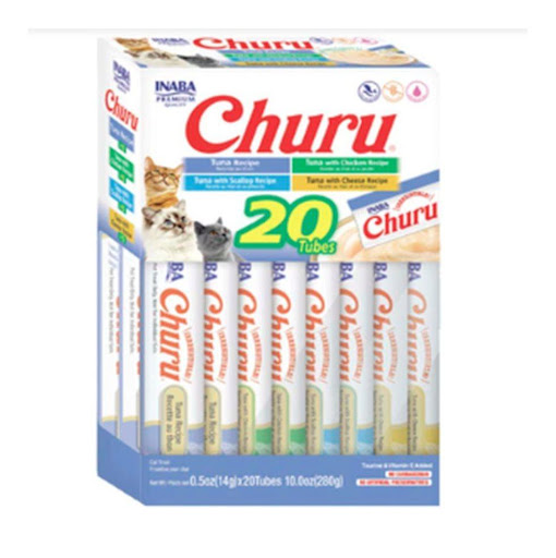 CHURU F CAJA * 20 ATUN 280 GR CHURU Caja x 20 Snack cremoso para gatos con una variedad de sabores de atún y mariscos. Ideal para premiar y consentir a tu felino.