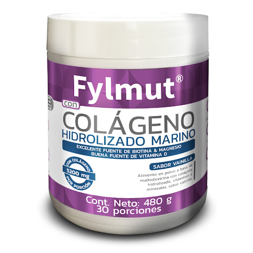 Fylmut Colágeno Hidrolizado Marino,/Biotina/Magnesio/Vitamina D 5200 mg Sabor Vainilla Frasco x 480 g