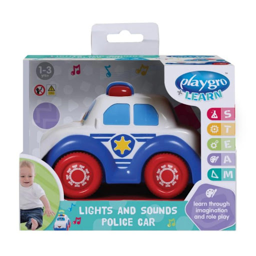 Coche De Policía Con Luz Y Sonidos PlayGrow Caja con ventana x 1 El Luz y Sonidos Coche de Policía de Playgro llevará la diversión y el aprendizaje a otro nivel. Con luces brillantes y 5 melodías, este auto policial ofrece una experiencia interactiva que estimula l