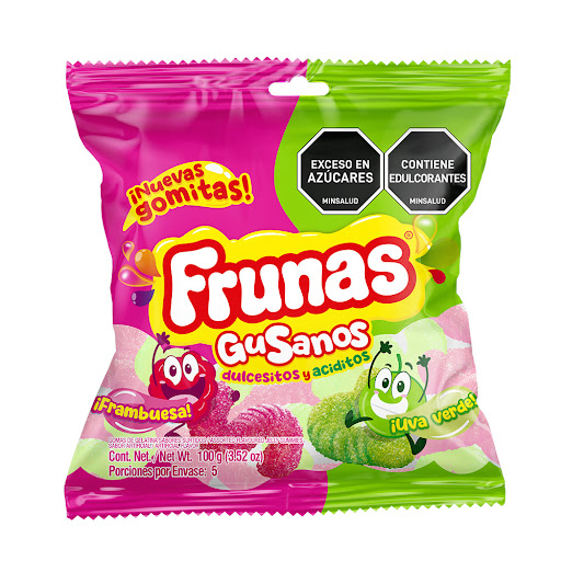 Gomas Frunas Gusanos Sabor Frambuesa Uva Verde x 100 gr