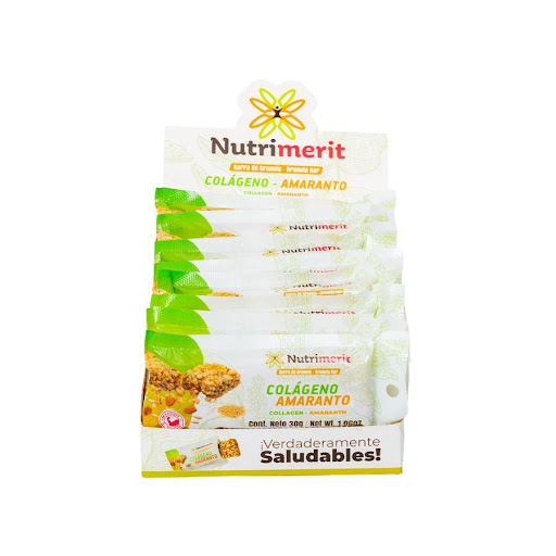 Barra de Granola Colágeno Amaranto Nutrimerit Caja x 8 Caja por 8 unidades de Barras de Granola Colágeno Amaranto Nutrimerit por 240g. Ingredientes: maní, arroz integral, semillas de girasol, nueces, almendras, quinua, amaranto, colágeno hidrolizado, miel