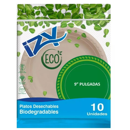 Plato Grande Desechable Biodegradable IZY ECO IZY ECO Bolsa x 10 platos Plato de 9 pulgadas
Producto elaborado El almidón de maíz (fécula de maíz) 
Resistentes a altas Temperaturas. ( Hasta 85°C).
Ideal para viajes. Listo para empacar para un viaje. Puede guardar fácilmen