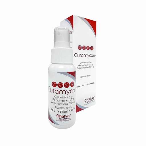 Dermico, Perro, GatoCUTAMYCON LOCION 50 ML Chalver  x 1 Acción tópica polivalente: Bactericida, Fungicida y Antiinflamatoria, para afecciones e inflamaciones de la piel de los animales domésticos.