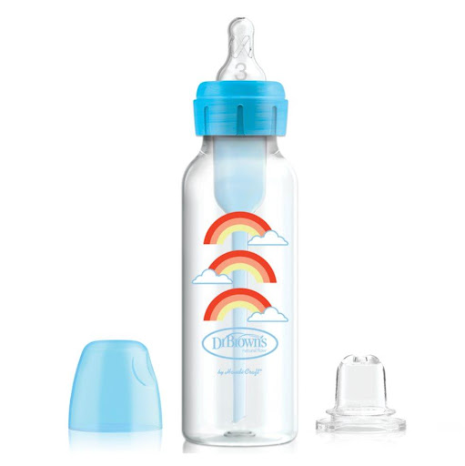 Kit de Transicion Boca Angosta Azul Chupo y Tetina Nivel 3 (6-9m) Dr Browns Botella x 1 Tetero Options 8 onzas con opción de convertirse en vaso entrenador ya que incluye una boquilla de transición, basta con cambiar el chupo por la boquilla y tu niño ni lo notará, la transición de Teter