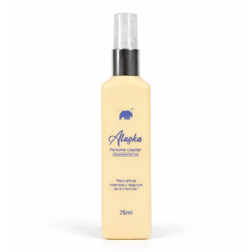 Perfume Capilar Alaska x 75 ml Vegano Cosmetics Envase x 1 und Perfume Termoprotector Alaska para cabello. Fragancia femenina irresistible con protector de calor, brillo y control frizz. Protege de plancha y secador mientras perfuma y deja suavidad ligera.