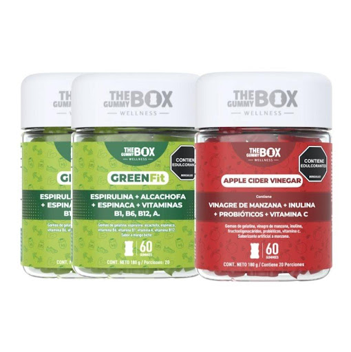 COMBO : Batido verde en gomitas x2 + Vinagre de manzana , fibra prebiótica e inulina.  THE GUMMY BOX TARRO X 60 GOMITAS x 3 COMBO : Batido verde en gomitas x2 + Vinagre de manzana , fibra prebiótica e inulina.