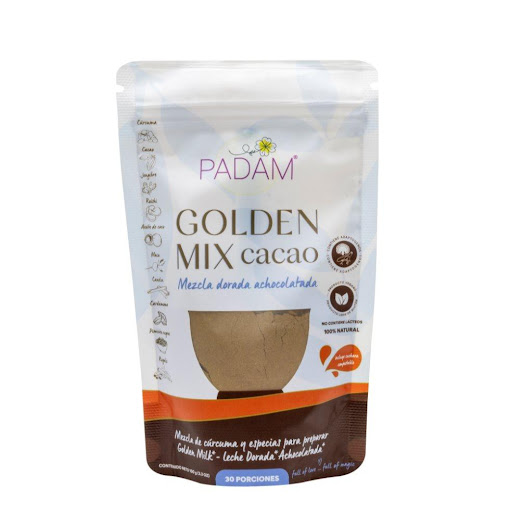 Golden Milk Cocoa / Leche Achocolatada  Padam Doypack x 100gr x 1 und Golden Milk Cocoa PADAM eleva la vitalidad, actua como antioxidante y fortalece el sistema inmune. Mejora el estado de ánimo, la digestión, promueve un sueño reparador. Además, ayuda a regular los niv