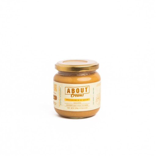 Crema Macadamia & coco ABOUT Envase de vidrio x 1 und Crema untable de macadamia y coco, 100% natural. Elaborada con macadamia y coco deshidratado, con un toque de stevia y sal marina (menos del 1%). Sin azúcares añadidos, sin conservantes ni grasas añad