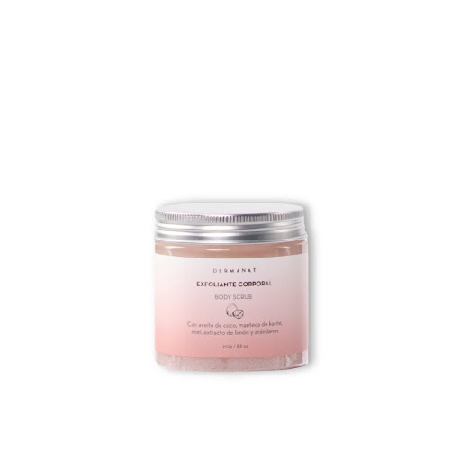 Body Scrub – Exfoliante Corporal Dermanat 250 gr x 1 Limpia y exfolia tu piel con esta mezcla antioxidante y nutritiva de aceite de coco, manteca de karité, miel, extracto de limón y arándanos, que hidrata y nutre tu piel mientras la exfolia suavemente 