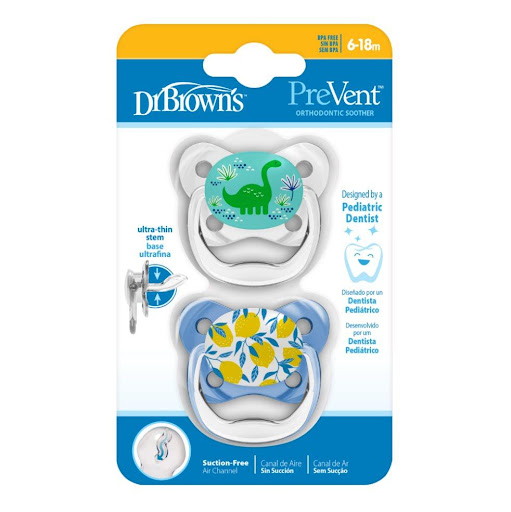 Chupo Entretencion Prevent N2 Azul x2und Dr Browns Tetina x 1 ¡Calmar al bebé con seguridad nunca ha sido tan inteligente! Los chupetes Dr. Brown’s® PreVent™ son tan adorables como efectivos. Diseñados por un dentista pediátrico, la pera 100 % de silicona cuenta
