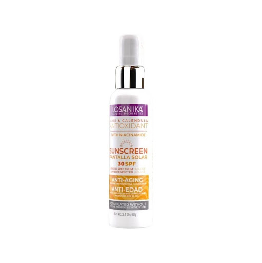 Protector Solar SPF 30 Aloe & Caléndula Antioxidante LOSANIKA 60g x 1 Pantalla solar facial y corporal de amplio espectro que protege del sol y del envejecimiento. Con aloe, caléndula y niacinamida, hidrata y calma, ayudando a prevenir manchas y signos visibles del daño