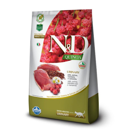 N&D QUINOA F ADULTO URINARY PATO 7,5 KG N&D ANCESRAL  x 1 Alimento completo y balanceado para gatos Adultoos con tracto urinário sensible, indicada para prevenir la urolitiasis de estruvita y oxalatos
