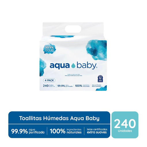 Toallitas Húmedas Aqua Baby, 99.9% Agua, 240 Unidades Aqua Baby 4 Pack, 240 Unidades x 240 4 Pack de 4 Bolsas de 60 Toallitas Húmedas Aqua Baby
Formato 60 unidades
240 hojas totales

Toallitas húmedas / wipes 99.9%  agua marca Aqua Baby
Contenido: 60 toallitas de 16x18.5 cms
Ingredientes: 9