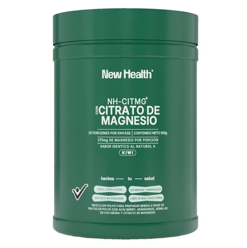 Citrato de Magnesio Kiwi  Newhealth Tarro x 500 gr x 1 und Citrato de Magnesio sabor Kiwi NEWHEALTH es una mezcla en polvo para preparar bebidas con Acai Berry, Arándanos y Semillas de Uva Negra que ayudan a combatir el cansancio, ansiedad, dolores músculares