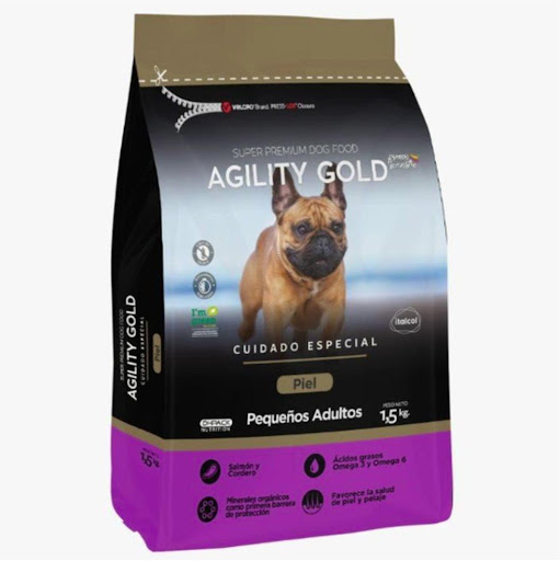 AGILITY GOLD C PEQUEÑOS ADULTOS PIEL 1,5 KG AGILITY GOLD Bolsa x 1 La comida para perros de Agility Gold es una línea de concentrados premium fabricada en colombia. Es un alimento delicioso compuesto de ingredientes como Salmón y cordero. Este alimento es altamente b