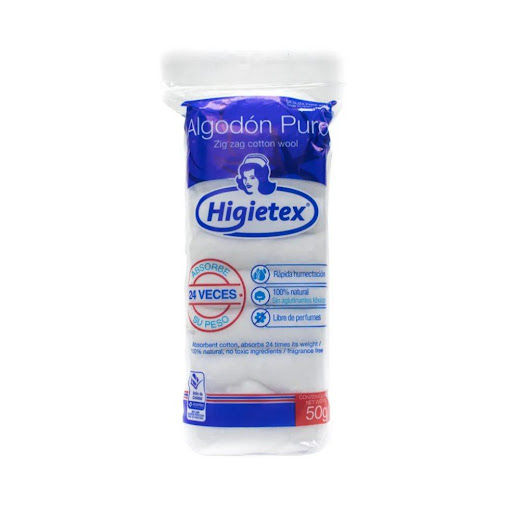 ALG HIGIETEX ZIGZAG X 50 G (PAQ X4) HIGIETEX 0 x 4 Algodón Higietex Zig-Zag de 50 g, diseñado para la limpieza y cuidado de la piel. Es hidrófilo, absorbente y purificado, lo que lo hace ideal para procedimientos médicos, curaciones y uso cosmético. S