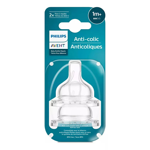 Phillips Avent Tetinas Anticólicos 2X Flujo 2 SCY762/02 Avent Blister x 2 Tetina anticólicos para bebés de 1 mes en adelante, con válvula integrada para reducir cólicos y molestias. Hecha de silicona suave y flexible, ideal para una alimentación cómoda y segura.