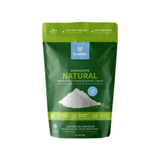 Endulzante natural a base de eritritol y estevia 250 g Best4u Doypack x 250gr x 1 und Endulzante BEST4U es 100% natural a base de eritritol y stevia. El eritritol es el resultado de la fermentación de ciertas frutas, no impacta el índice glicémico y tiene 0 calorías. Apto para diabétic