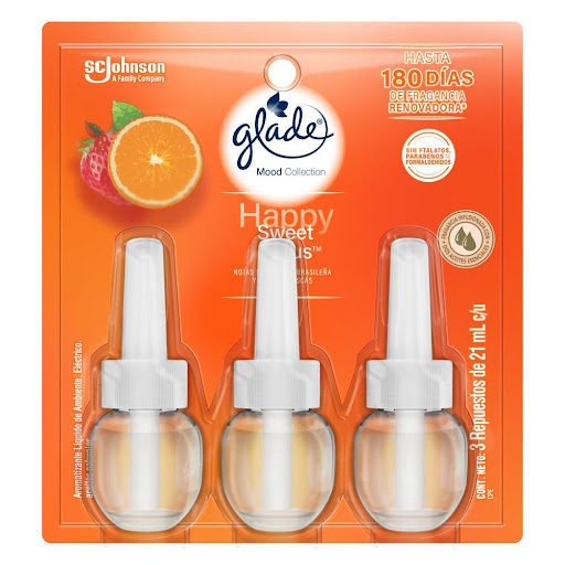 Ambientador Glade Happy Sweet Citrus 3 Repuestos de 21ml SCJ 3 repuestos de 21ml x 3 repuestos Glade® "Mood Collection" Descubre la nueva colección de Glade: Mood Collection, inspirada en fragancias únicas, pensadas exclusivamente para tu estado de ánimo y cualquier rutina de cuidado diario. Cr