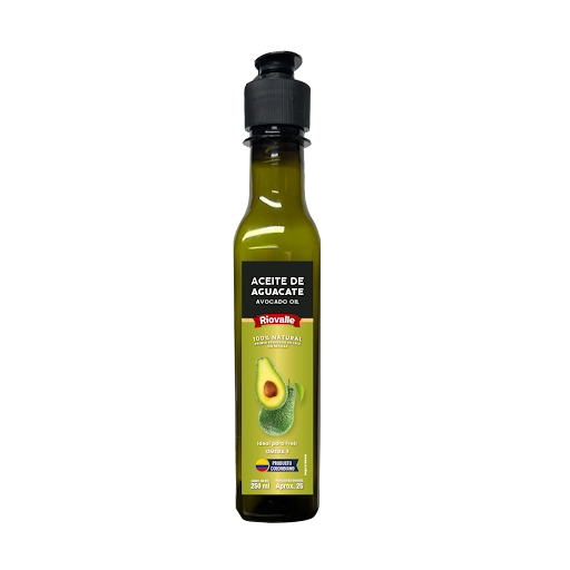Aceite de Aguacate Natural Riovalle Megamarket Botella x 1 Aceite de Aguacate Natural RIOVALLE X 250 ml, rico en grasas saludables y sabor suave. Ideal para freír, saltear y usar en frío. Alta resistencia al calor. RIOVALLE garantiza calidad y pureza. Práctic