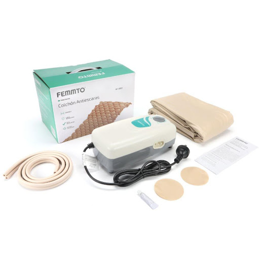 Colchoneta Antiescaras con Compresor de Aire FEMMTO Caja x 1 Colchoneta antiescaras de aire Femmto HF6001 con compresor alternante y 130 celdas de aire que distribuyen la presión de forma uniforme. Soporta hasta 130 kg. Ideal para prevenir úlceras por presión e