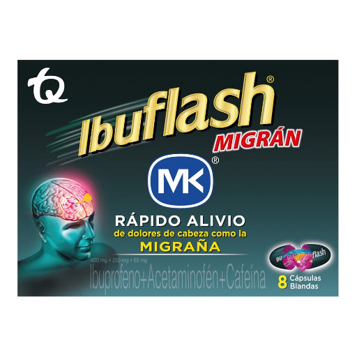 Ibuflash Migran Ibuprofeno +  Acetaminofén + Cafeína 400mg/250mg/65mg MK Caja x 8 Cápsulas